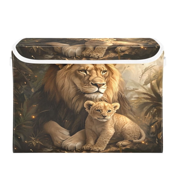 Storage Box With Lid 16.5x12.6x11.8In Foldable Stacked Household Storage Box Beautiful Yellow Lions