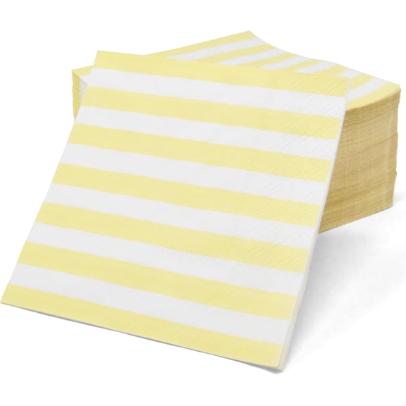 Gift Boutique Cocktail Napkins, 100 Count 2-Ply Disposable Paper Napkins, Yellow & White Striped Beverage Napkins, 5x5 Folded Party Supplies