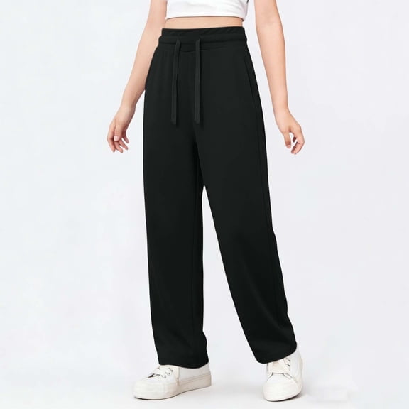 ATOGUTA Summer Pants for Girls Wide Leg School Uniform Pants Kids Elastic Waist Flowy Summer Beach Lounge Trousers with Pockets Size 3T-15, Black