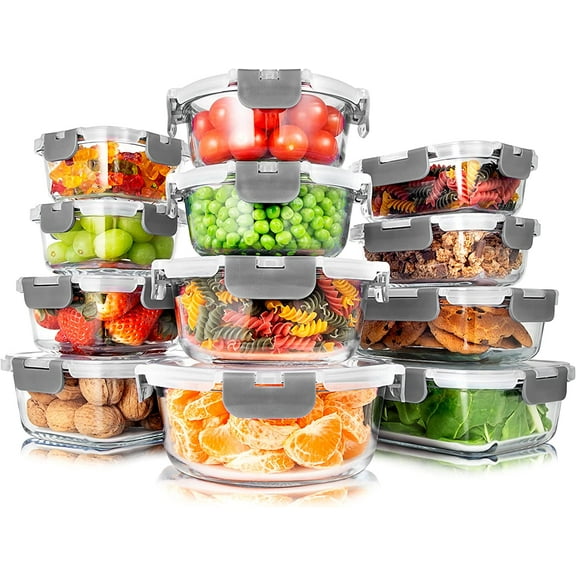 SereneLife 24-Piece Food Superior Glass Food Storage Containers Set, 11 to 35 oz. Capacity, Gray