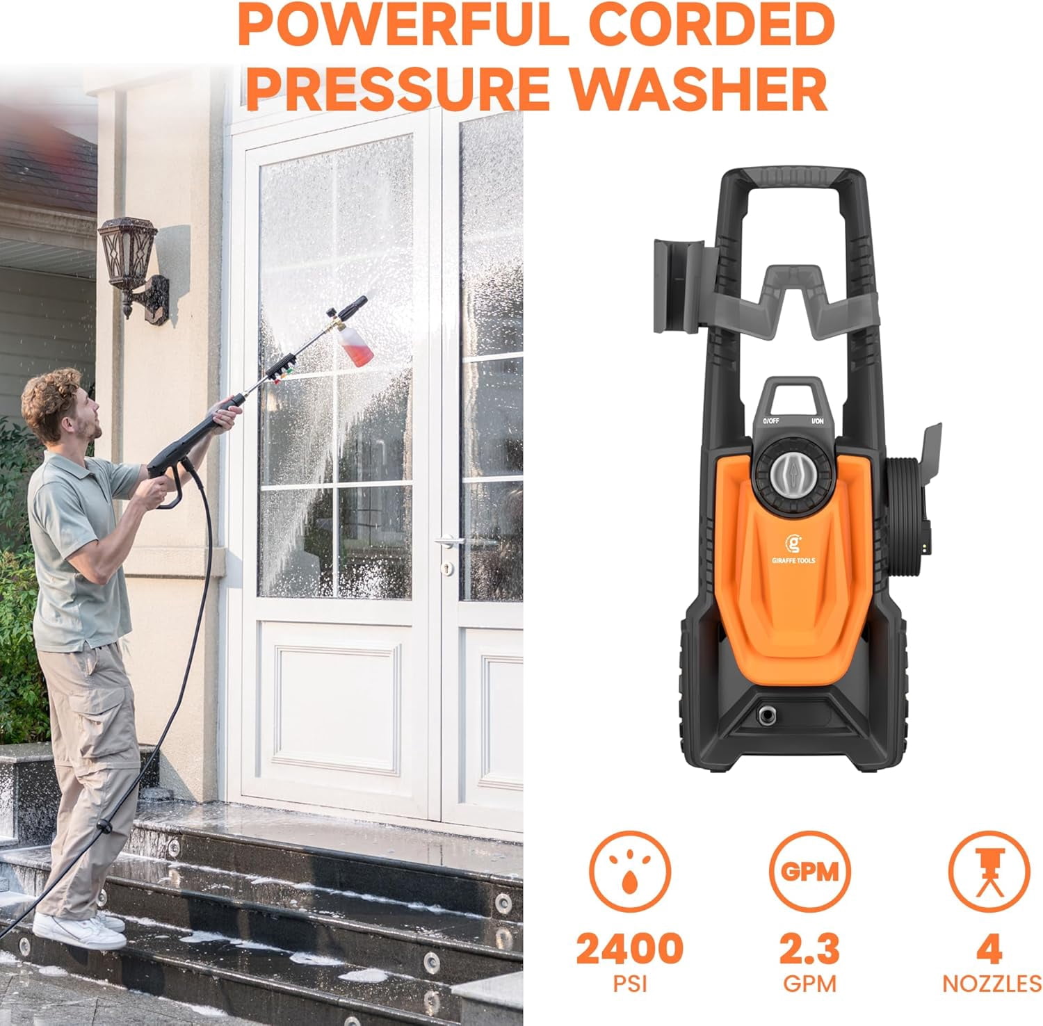 Giraffe Tools Electric High Pressure Washer, Max 2400 PSI, 2.3 GPM Power Washer Portable, 20+32 ft