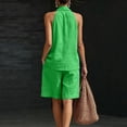 thumbnail image 6 of Linen Short Sets for Women 2 Piece Outfits V Neck Halter Tank Tops Knee Length Bermuda Shorts Beach Loungewear Set,Green M, 6 of 7