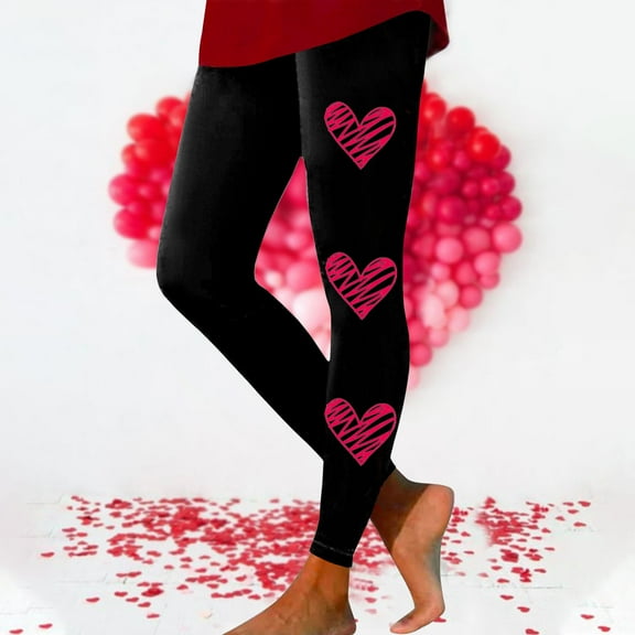 EQWLJWE Valentine's Day Leggings for Women Casual Solid Color Heart Printed Butt Lift High Waisted Yoga Pants Workout Gym Bottoms Black(S-3Xl)