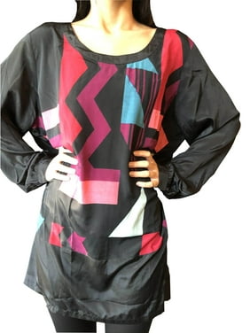Mogul Women Tunic Shirt, Oversized Black Pink Geometric Printed Blouse Bohemian Gypsy Vintage 70s Summer Tops M