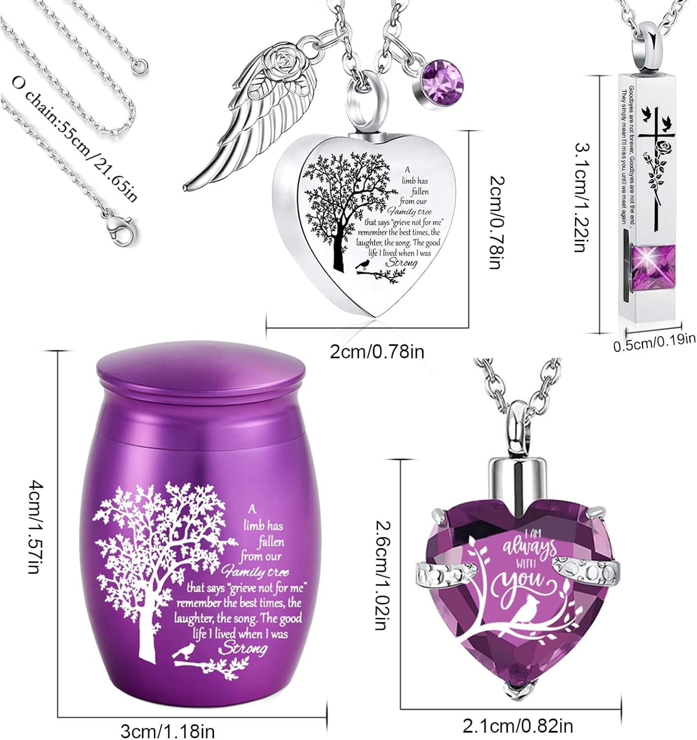 Cremation Urn Necklace for Ashes Set of 6- Small Cremation Urns for Human/Pet Keepsake Sharing Urns Memorial Ashes Holder-a Limb has Fallen from the Family Tree (6Pcs-Purple)