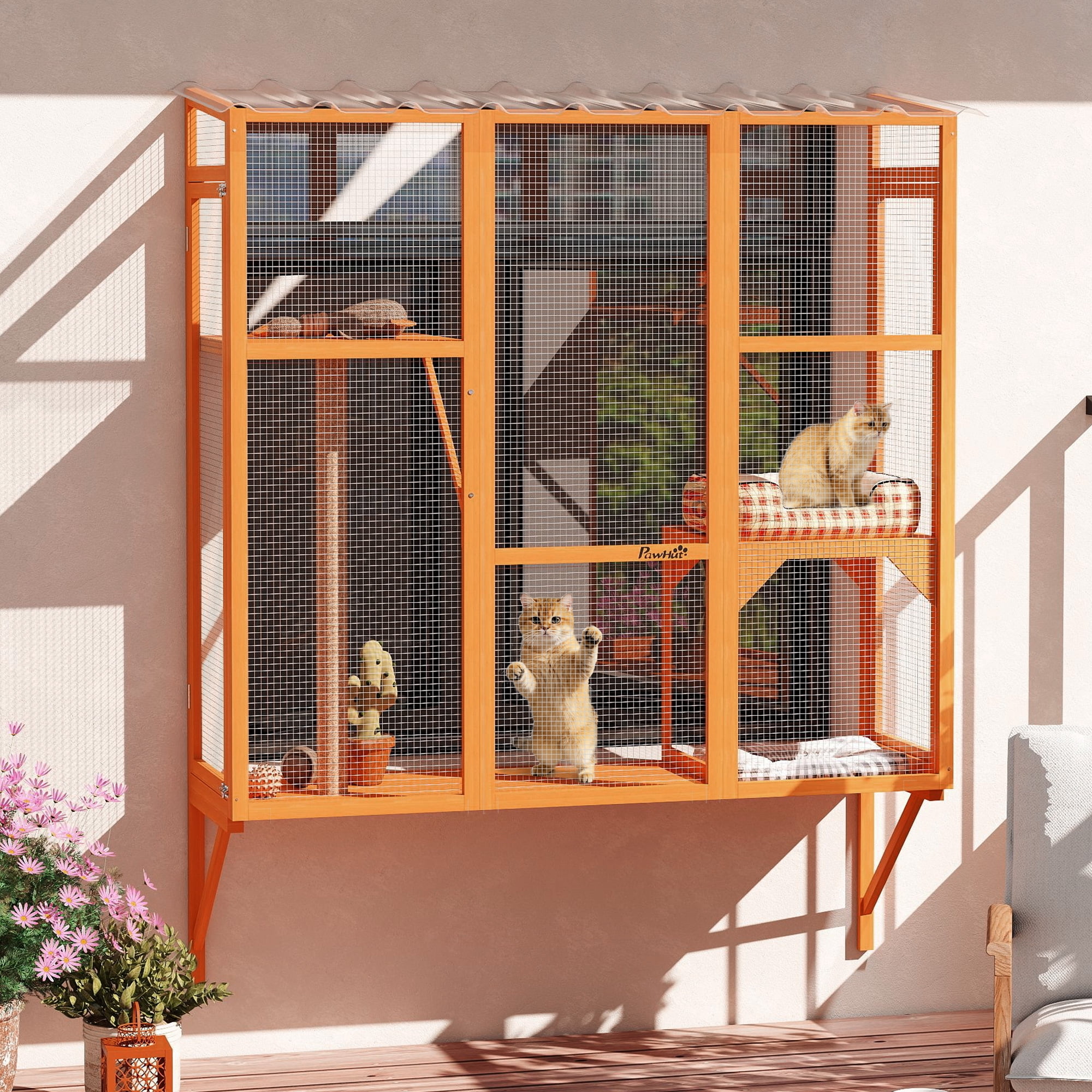 PawHut Catio Outdoor, Cat Window Catio for 2-3 Large Indoor Cats with 2 Jumping Platforms, Scratching Post, Cat Window Box for Playing, Sunbathing