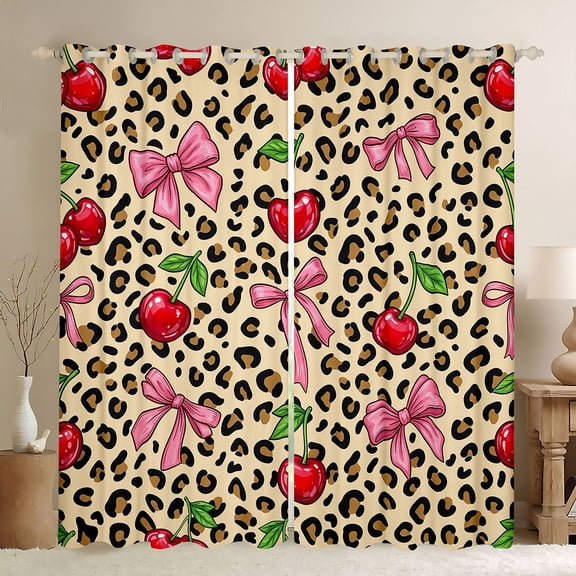 Manfei Cute Bow Cherry Blackout Curtains,Brown Cheetah Print Window Curtains Pack of 2 (38x45 Each)