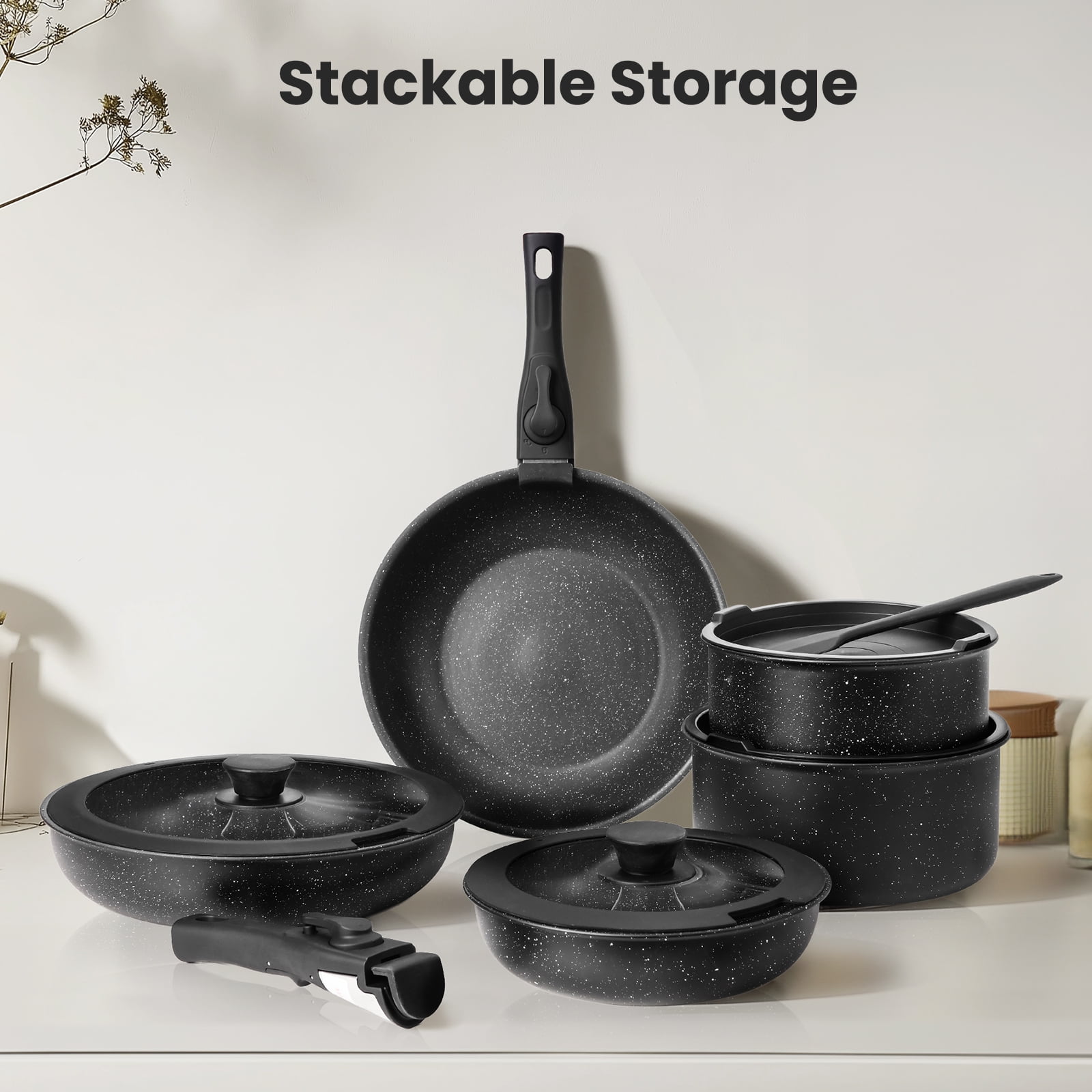 LIFERECORD 12-Piece Nonstick Pots and Pans Set, Granite Coating Cookware Set with Detachable Handle, Induction Compatible, Oven & Dishwasher Safe, Includes Frying Pans, Saucepan & Utensils Black