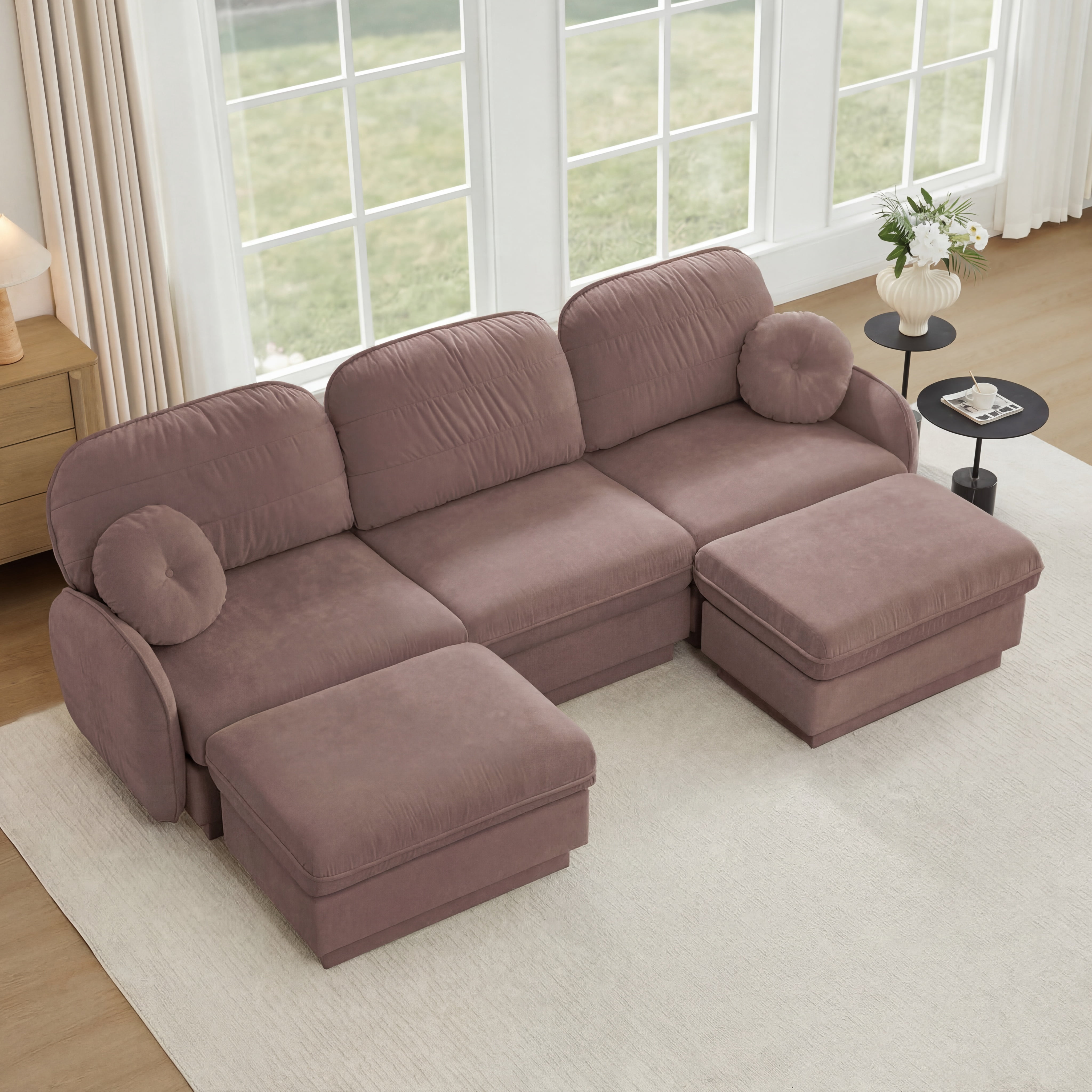 Mintazer 105" Chenille Cloud 3-Seater Modular Sectional Sofa with 2 Movable Ottoman & Round Pillows, U-Shaped Ergonomic Sofa Couch for Living Room, Apartment, Rose Dust