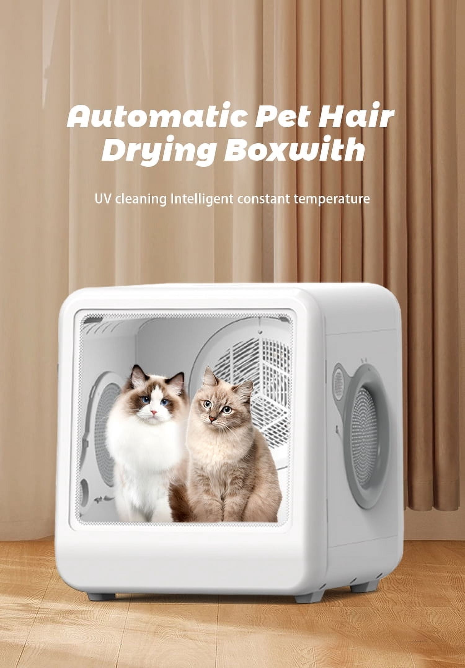 Automatic Pet Dryer Room Box Cabinet for Cats and Small Dogs, Quiet Grooming Dryer with Cool Hot Wind and 3 Speed Timer Settings, Indoor Pet Hair Drying Machine, Cream White