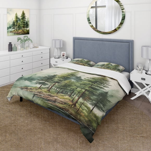 Designart "Green Pine Tree magic Guardians III" Floral Bedding Covert Set - Tree Pine Green Traditional Bed Set With 2 Shams