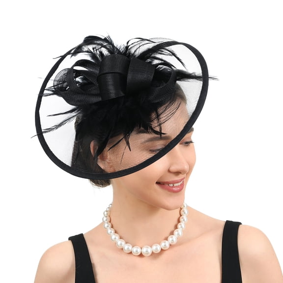 Structured Loop Fascinator Hat with Satin Bow & Feather Accents for Wedding Derby Church Tea Party Formal Side Clip Headpiece
