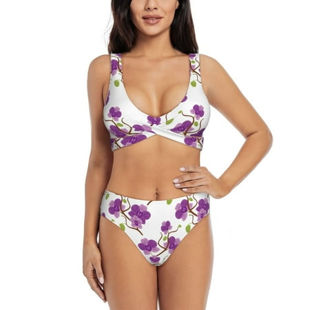 Zeuib Orchids Flowers High Waisted Tummy Control Bikini Set - Knot Front Push Up Top & Cheeky Thong Bottom  Two-Piece Swimsuit for Women-XX-Large