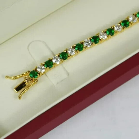 3MM 9ct Round Cut Lab Created Green Emerald Diamond Women's Valentine Tennis Bracelet 14K Yellow Gold Plated Silver 7"