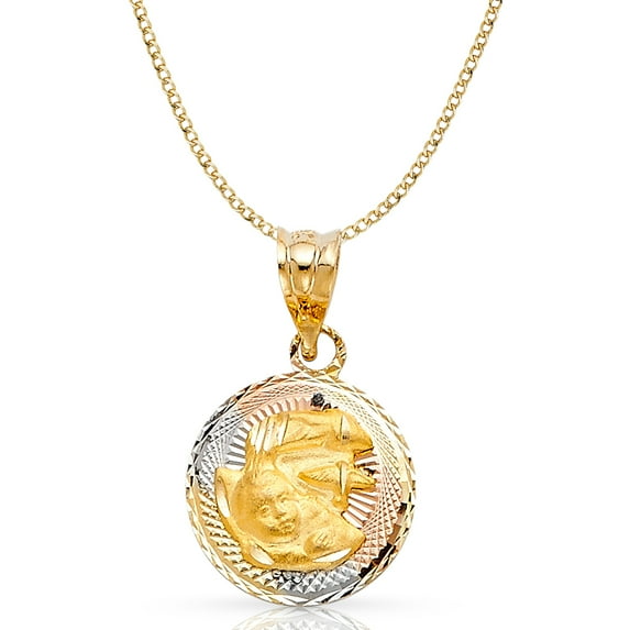 14K Tri Color Gold Diamond Cut Stamp Baptism Charm Pendant with 2mm Hollow Cuban Bevel Chain Necklace - 20"