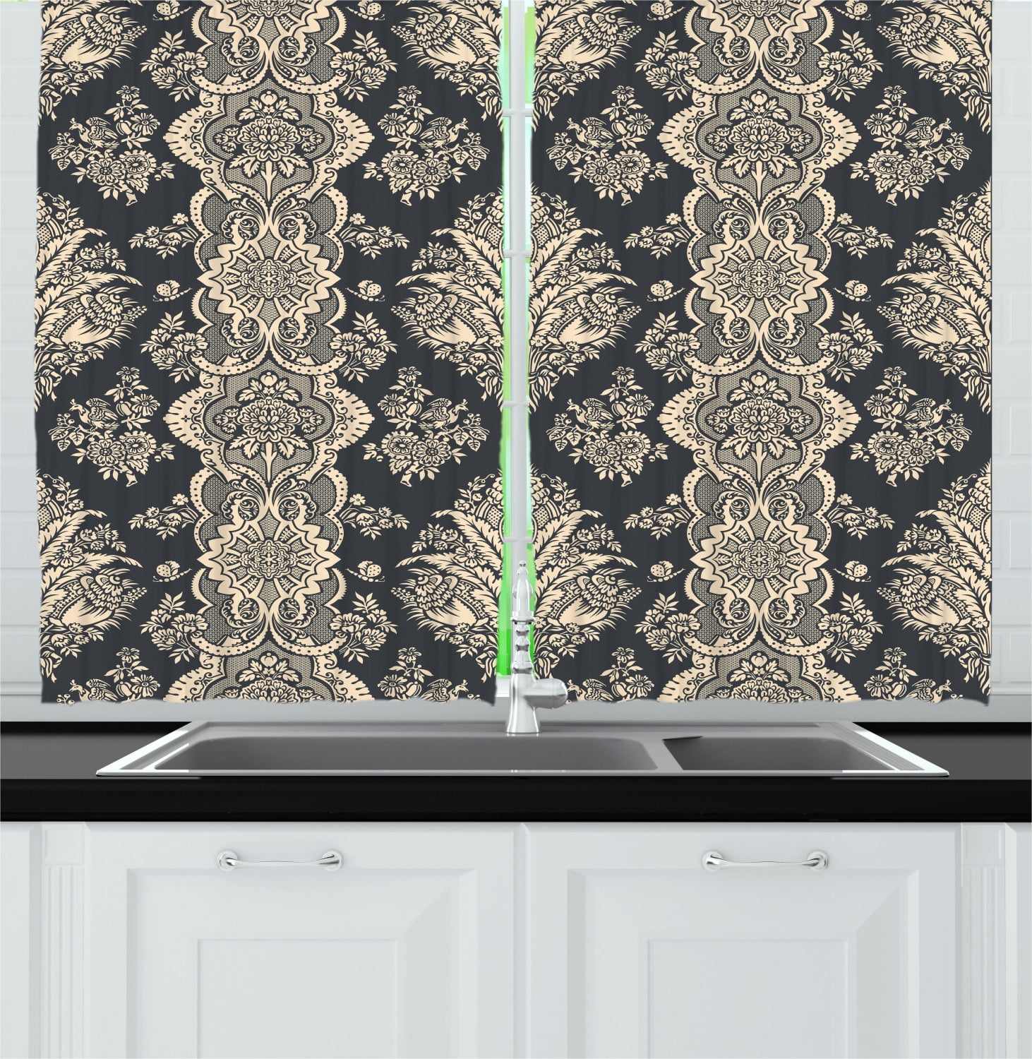 Damask Curtains 2 Panels Set, Victorian Style Baroque Classic Pattern