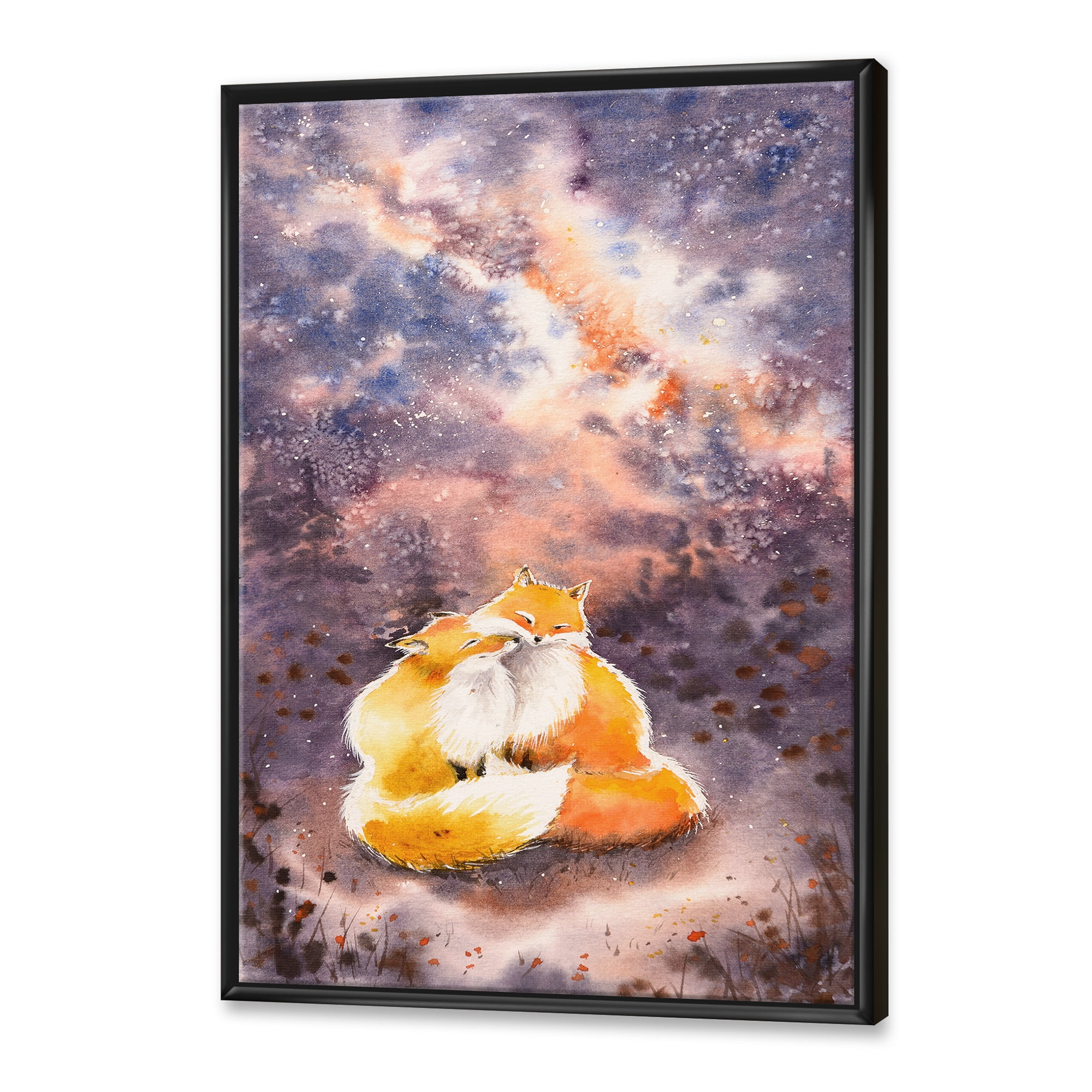 Designart 'Foxes Over A Night Sky Hugging ' Children's Art Framed Canvas Wall Art Print