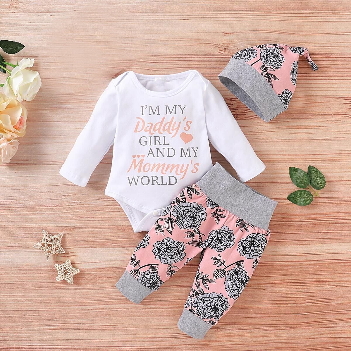 PatPat 3pcs Baby Girl Longsleeve Letter and Floral Print Bodysuit and