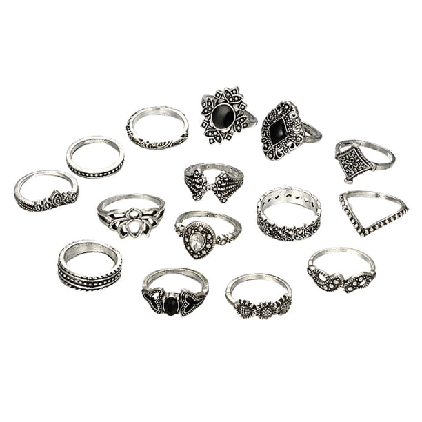 Arriba Set Vintage Anillos Mujeres Azul Bohemio Anillos de Plata 15pcs/Set Stack Rings