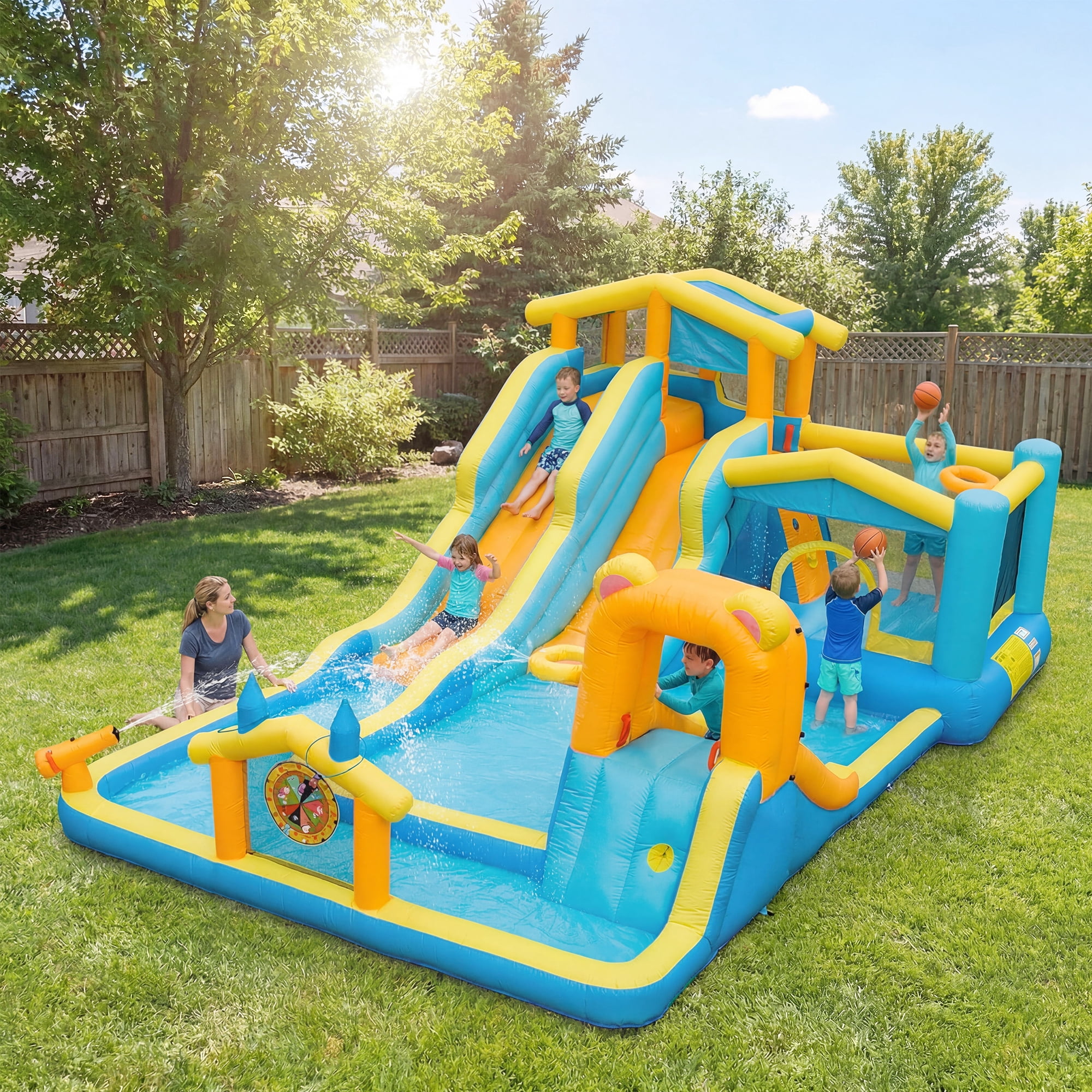 Eclife Inflatable Bounce House Water Slide with Blower, Backyard Water Park Combo with Slides, Splash Pool, Climbing Wall, Obstacle Course, Jumping Area for Indoor Outdoor