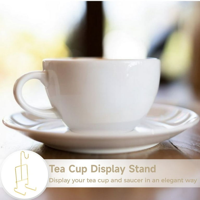 Cup and Saucer Display Stand, 8 Pcs Tea Cup and Saucer Holders, Teacup Coffee Mug Organizer Rack, Golden Finish Metal Mug and Saucer Stand for Tea