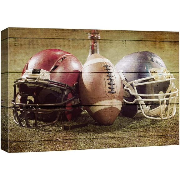 wall26 Canvas Print Wall Art Wood Panel Effect Vintage Retro Football Helmet Boys Room Decor Sports Fitness Photography Realism Decorative Scenic Multicolor for Living Room, Bedroom, Office - 32x48