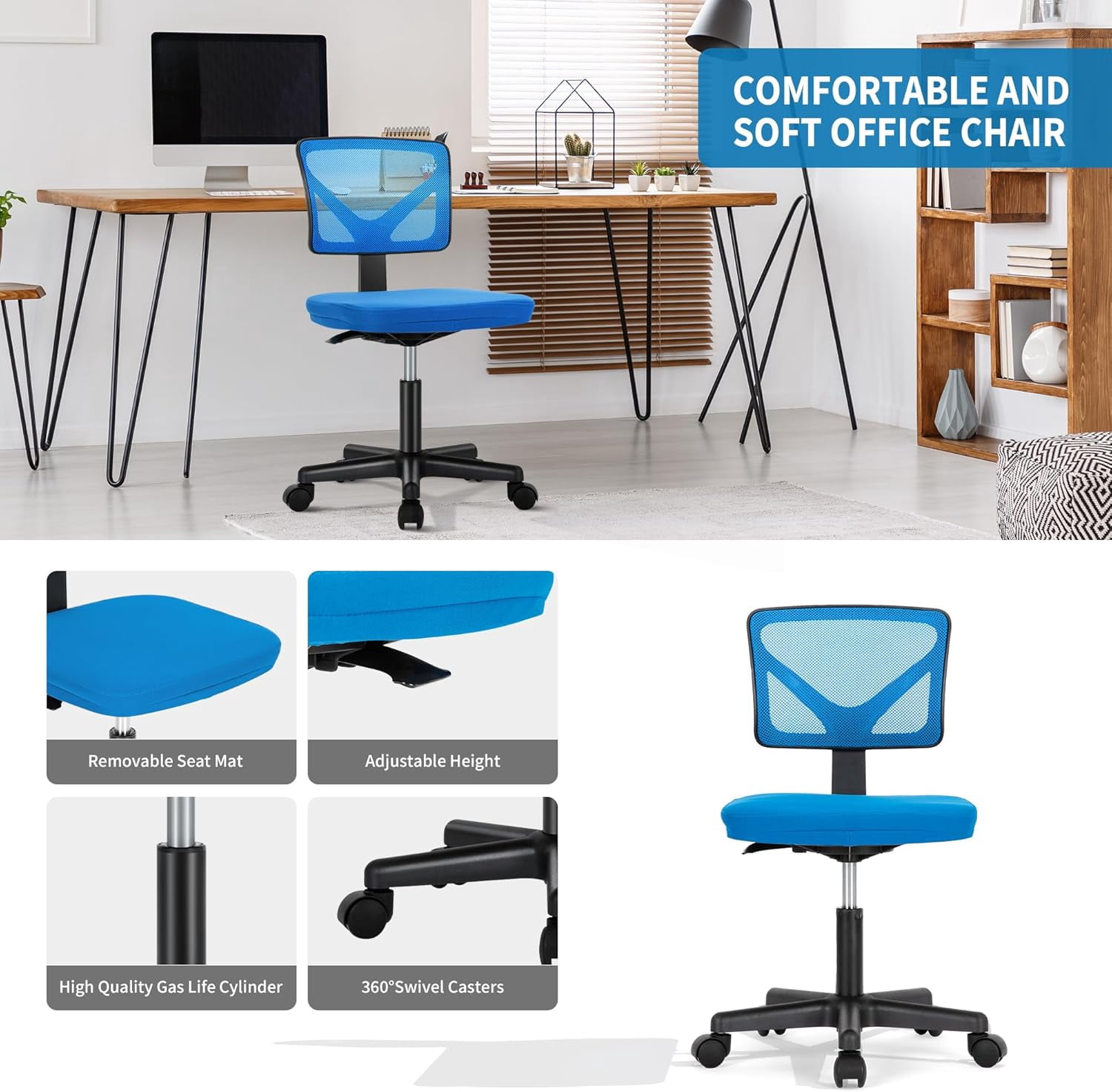 QUIOCOZY Armless Small Home Office Desk Chair, Ergonomic Low Back Computer Chair, Adjustable Rolling Swivel Task Chair with Lumbar Support for Small Space