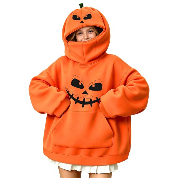 Halloween hoodie for kids, cute pumpkin hoodie for boys and girls, Long Sleeve Pullover Hooded Top with Front Pocket, Halloween out for kids