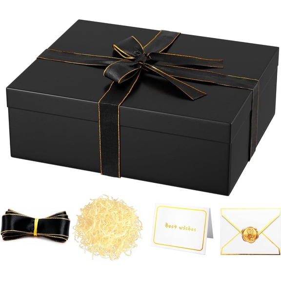 TickJOY Black Gift Box 16.5''x13''x5.5'' - Large Gift Boxes with Lid for Presents Packaging, Birthday, Christmas, Wedding, Anniversary, Big Gift Box with Ribbon, Shred Filler, Card, Wax Seal (Black)