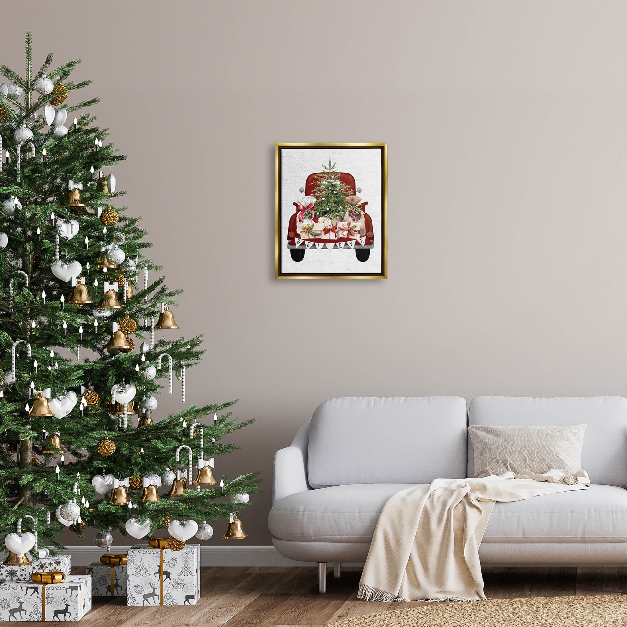 Stupell Industries Believe Seasonal Christmas Truck Graphic Art Metallic Gold Floating Framed Canvas Print Wall Art, Design by Lettered and Lined