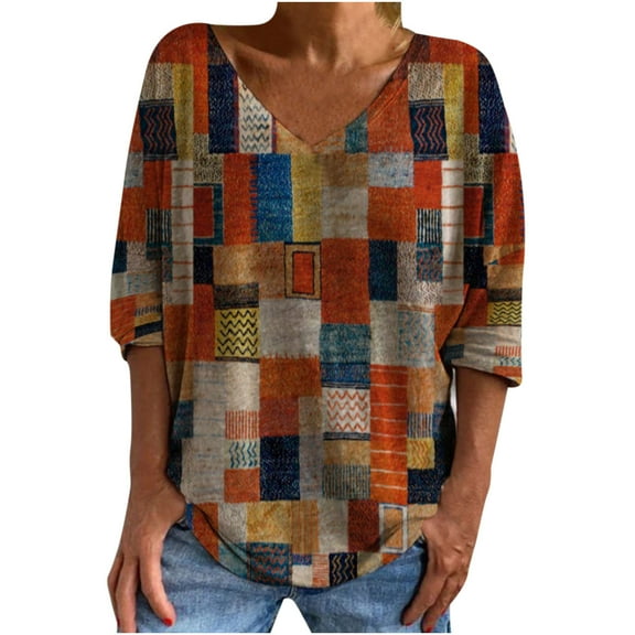 Ichuanyi Womens Fall Tops, Clearance Fashion Women Casual T-shirt Vintage Ethnic Print 3/4 Sleeve Pullover Blouse Tops