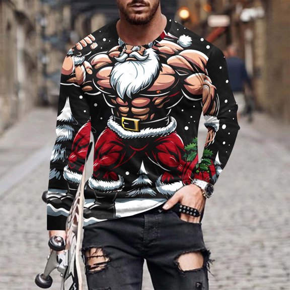 Brondbend Casual Clothes for Men Christmas Men’s Shirt Long Sleeve Crewneck Pullover Printed Fashion Blouse Loose Daily Clothes White