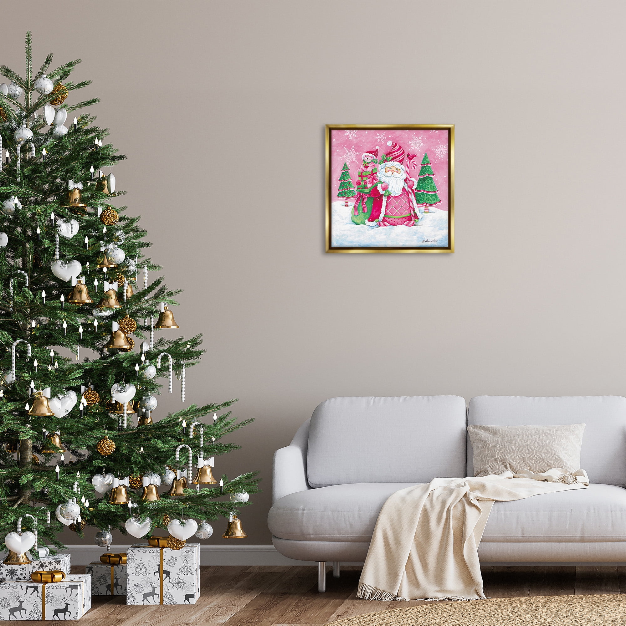 Stupell Industries Pink & Green Santa Scene Holiday Painting Gold Floater Framed Canvas Art Print Wall Art, 25 x 25