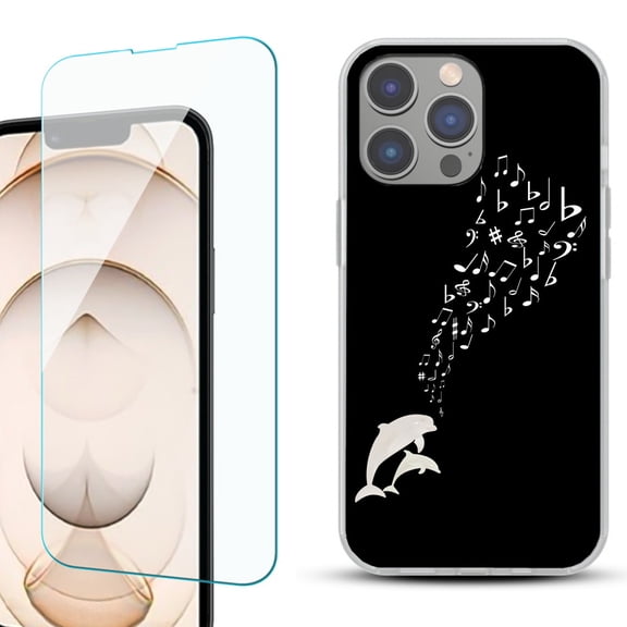 Slim-Fit Gel TPU Phone Case for iPhone 14 Pro, with Tempered Glass Screen Protector, by OneToughShield ® - Dolphin Music