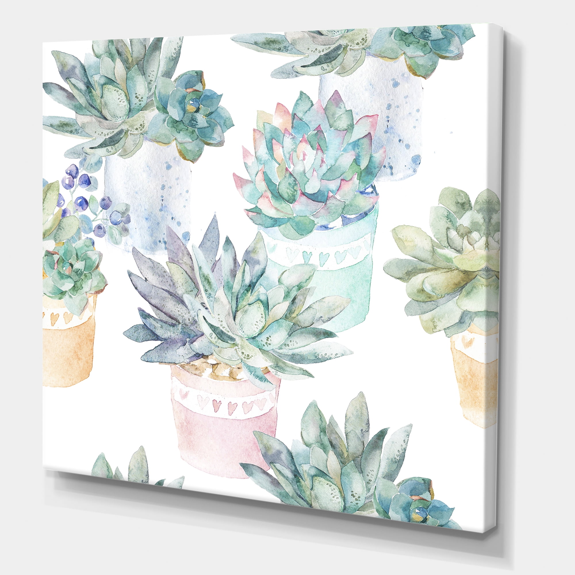 Pastel Toned Succulent Housplants in Flowerpots 36 in x 36 in Painting Canvas Art Print, by Designart