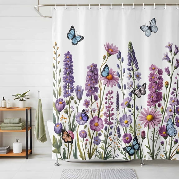 Shower Curtain Purple Lavender Shower Curtains for Bathroom Decor, Waterproof Polyester Shower Curtain Set with Hooks, Standard Size 72" x 72" Vintage Floral Butterfly White