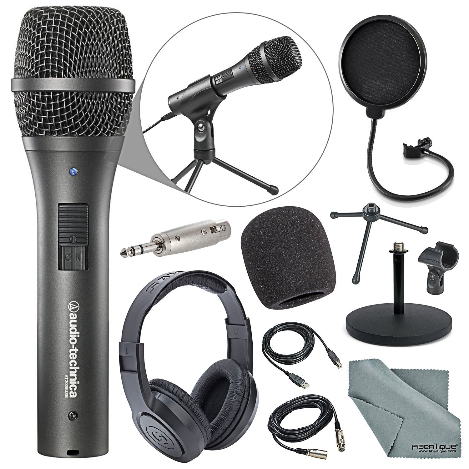 Headphones Fibertique Cloth Samson Q2U Dynamic USB Microphone Podcasting Pack and Accessory Bundle with Boom Arm Pop Filter 