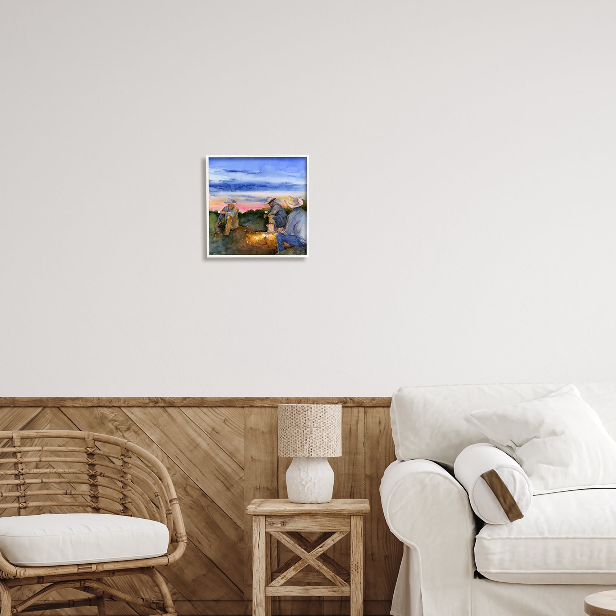 Stupell Industries Cowboys Around Campfire Landscape Painting White Framed Art Print Wall Art, 12 x 12