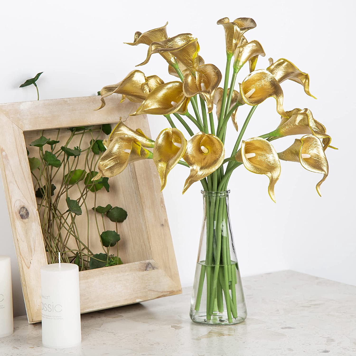 10pcs Fake Calla Lily Flowers Real Touch Latex Artificial Calla Lilies Flowers for Home Wedding Bouquet Baby Shower Centerpieces Party Decor (Gold)