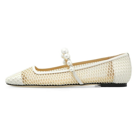 XYD Women Fashion Bead Strap Ballet Flats Square Toe Mary Jane Comfortable Dress Ventilate Mesh Shoes Size 11 White