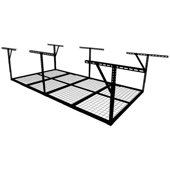 Display Shelves 4x8ft Overhead Garage Storage Rack, Heavy-Duty Metal Garage Ceiling Storage Rack, 22''-40" Adjustable Ceiling Drop-Down, 600 lb. Loading Weight Capacity, Black Color,Wooden Display Sh
