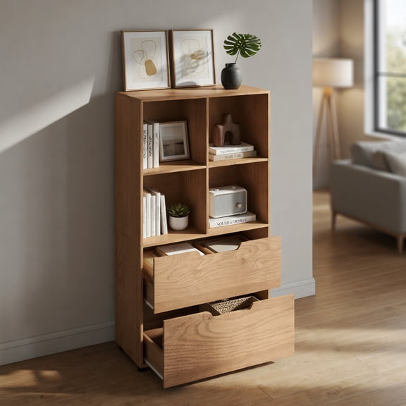GVN 51 Inch 4-Cube Bookcase 5-Tier Freestanding Storage Organizer with 2 Drawers for Home Office Study Living Room Books Display Furniture, Natural