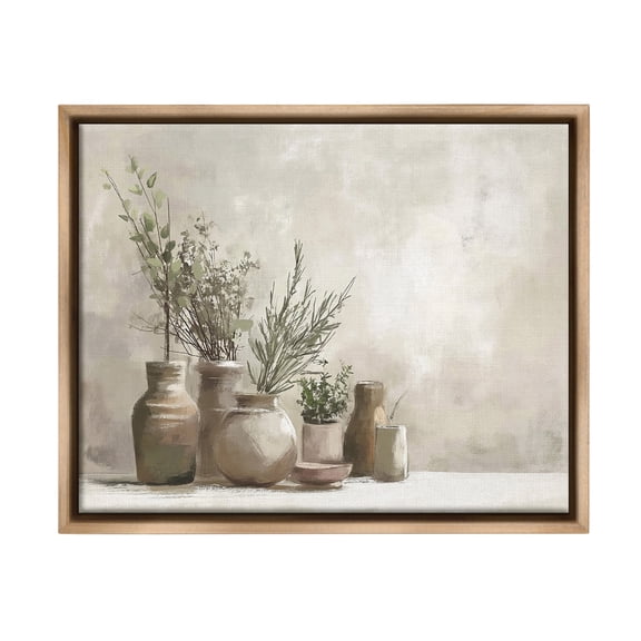 Stupell Industries Cottage Herbs in Pottery Botanical & Floral Painting Brown Floater Framed Canvas Art Print Wall Art, 21 x 17