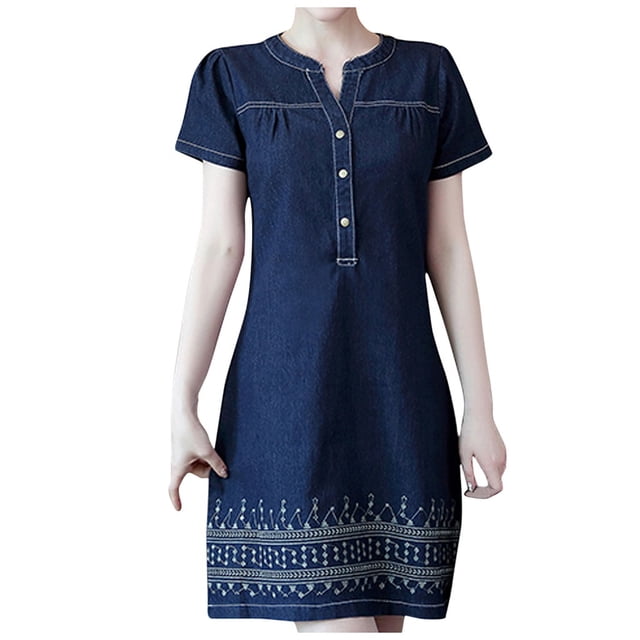 Robe en Denim pour Femmes Décontractée Été Mode Femmes Été Imprimée Ample Col en V Manches Courtes Longueur Genou Robe