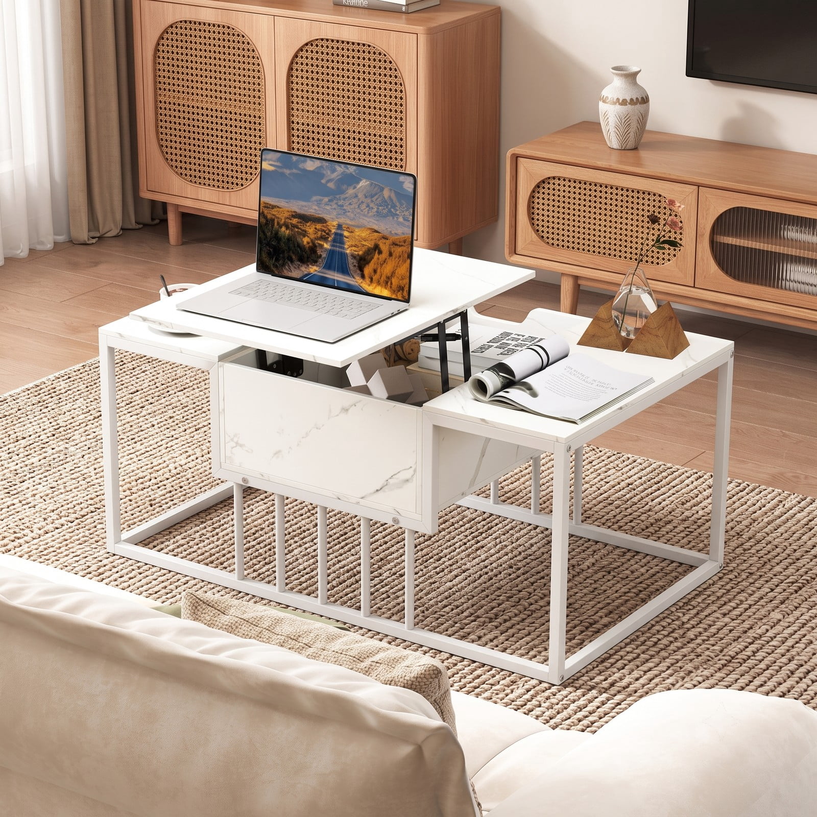 Furnibear Lift Top Coffee Table with Hidden Storage Compartment, Modern Center Table for Living Room, Adjustable Height Rising Tabletop, Engineered Wood and, White