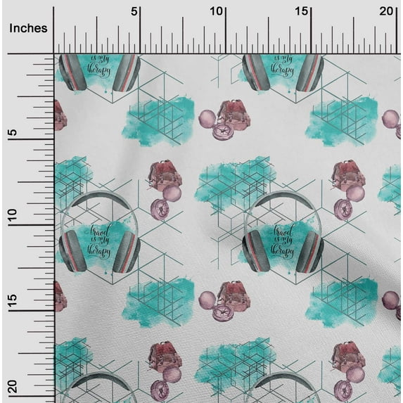 oneOone Cotton Flex Turquoise Green Fabric Direction Compass Bag & Headphone Travel Sewing Material Print Fabric By The Yard 40 Inch Wide