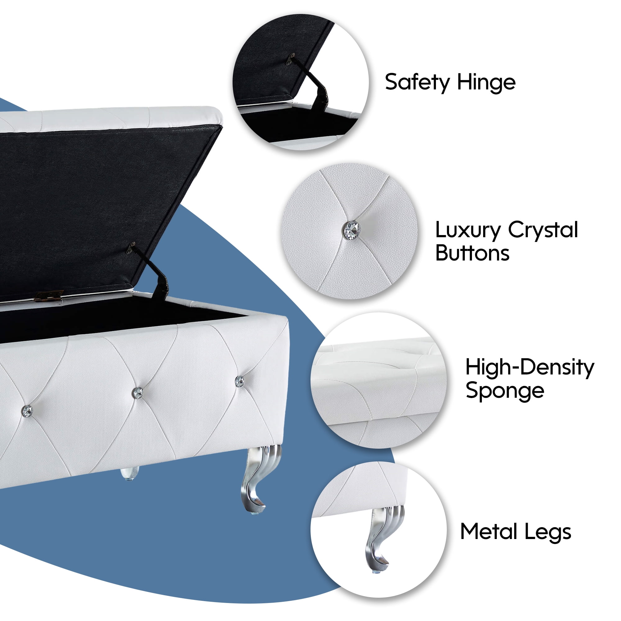 Aukfa Storage Ottoman Bench with Crystal Buttons for Bedroom,White