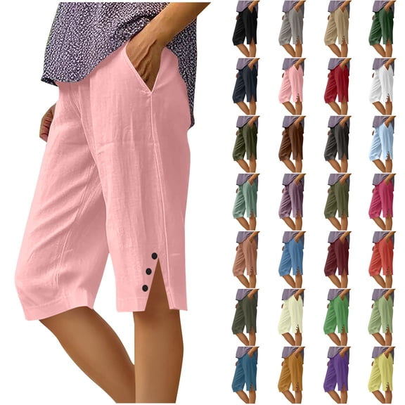 Bloomae Plus Size Capri Pants for Women 2026 Knee Length Cotton Linen Capris Summer Straight Leg Loose Button Side Slit Beach Bermuda Shorts with Pocket