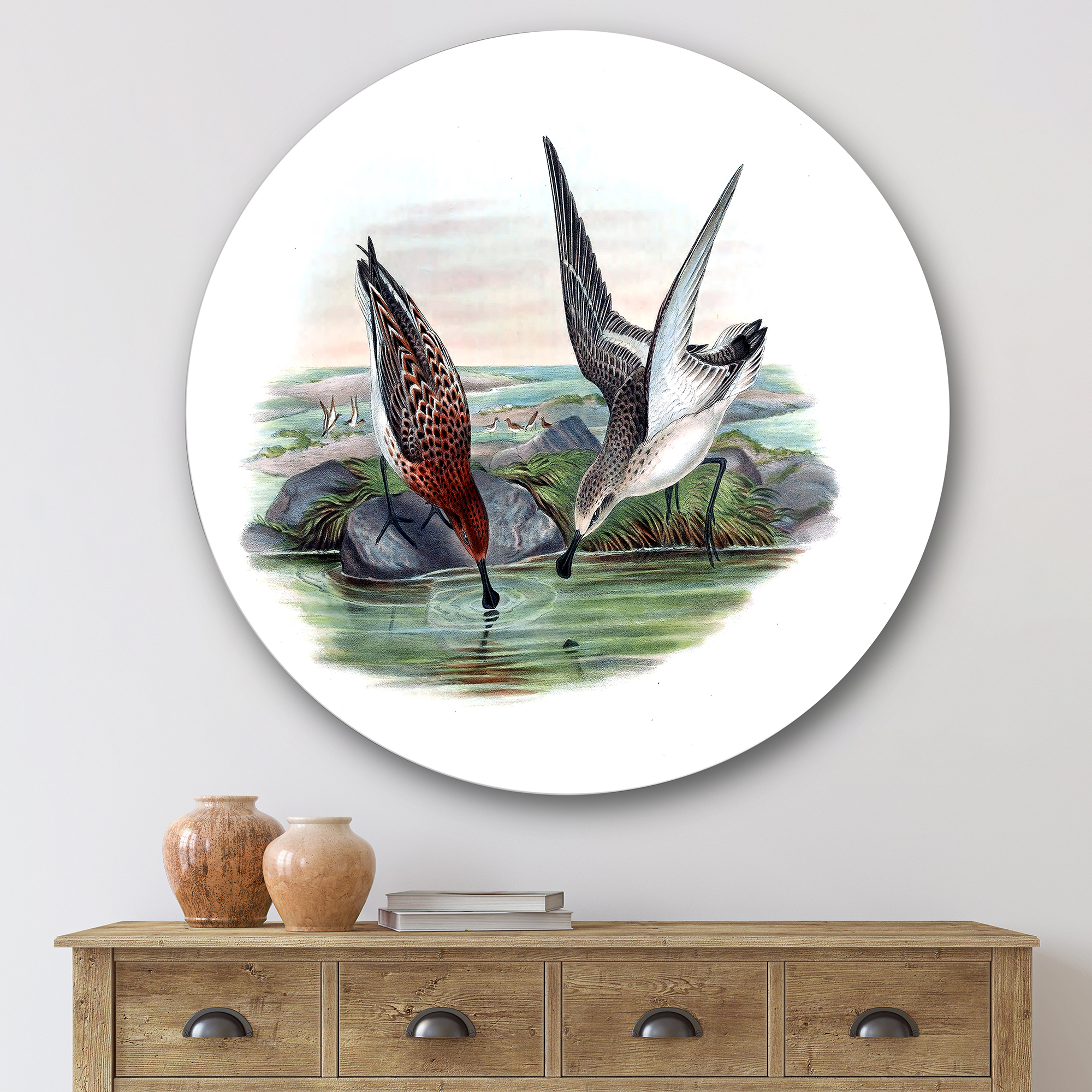 Designart 'Vintage Countryside Two Birds In Lake' Farmhouse Circle Metal Wall Art 29x29 - Disc of 29
