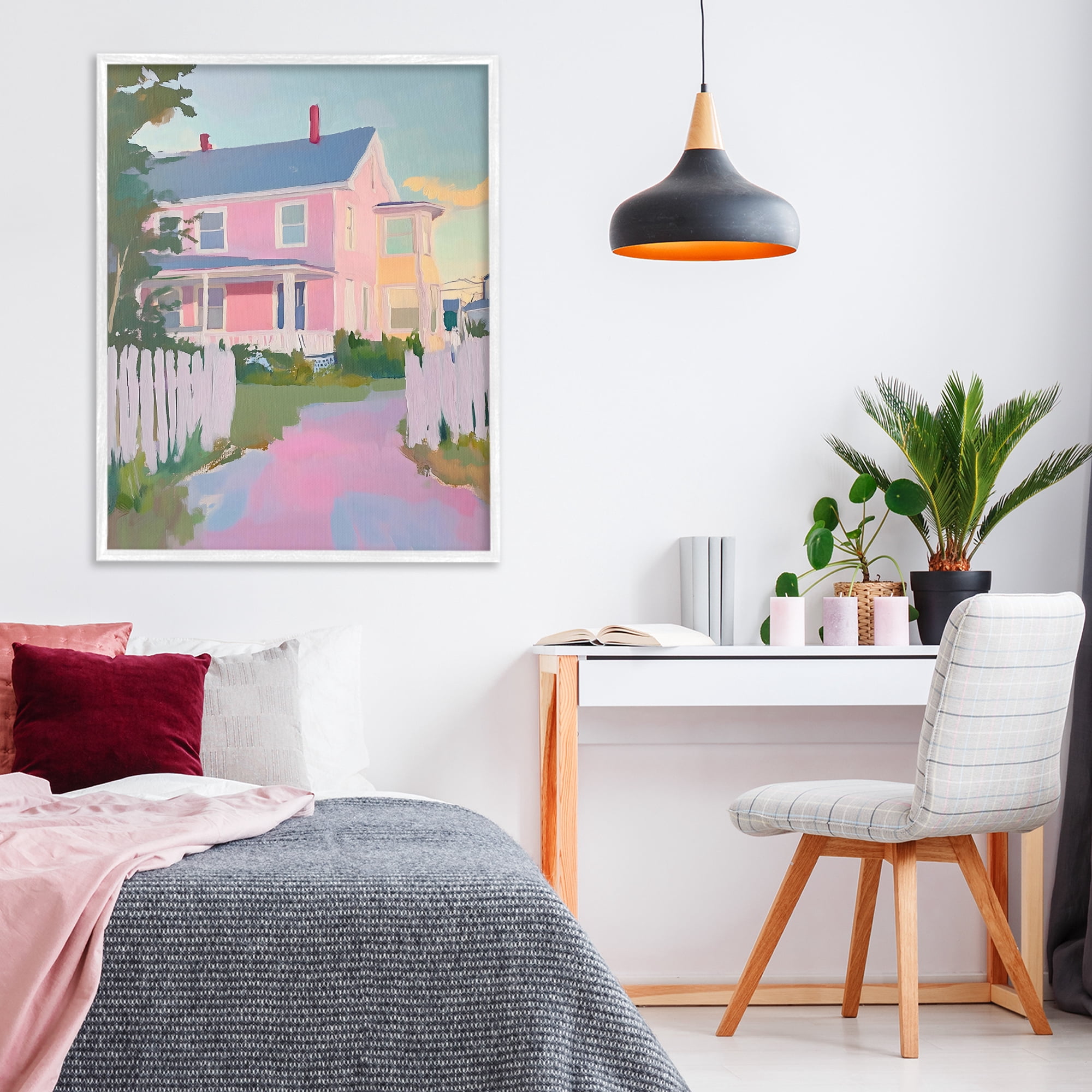 Stupell Industries Pastel Pink House with Fence White Framed Giclee Art, design by The Prints Vibe